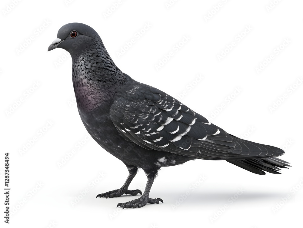 Fototapeta premium Elegant pigeon standing gracefully on white backdrop showcasing intricate feather details and texture