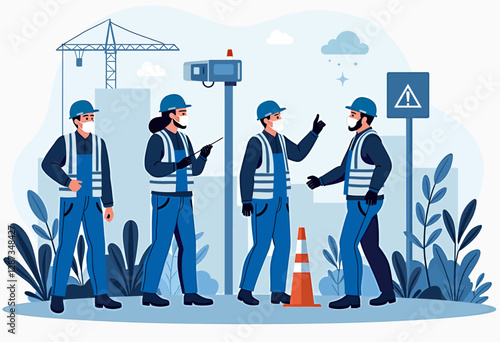 青色のフラットベクターイラスト。純粋な白い背景に対して、PPE、バリア、機器を使用して、健康と安全のガイドラインに従う作業員を紹介します。

