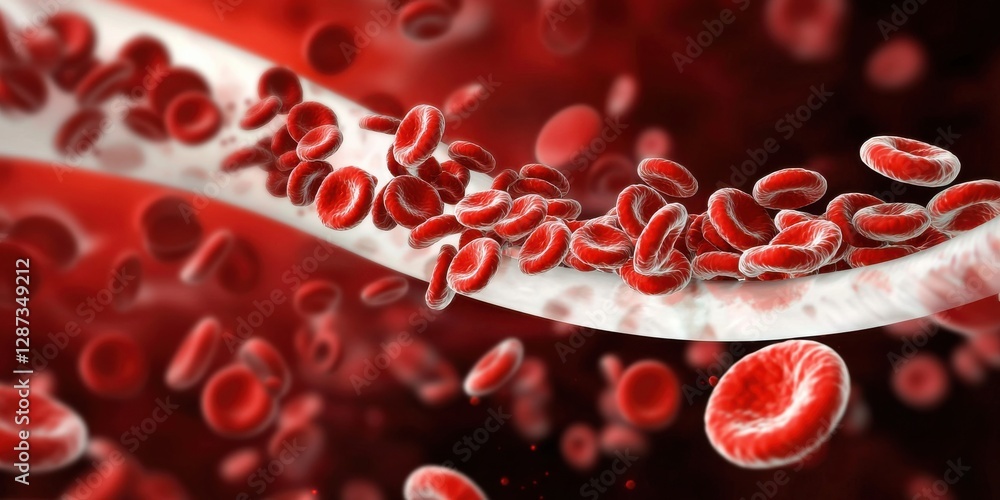 Fototapeta premium A dynamic illustration of red blood cells flowing through a blood vessel, showcasing the vibrant colors and movement of the circulatory system.