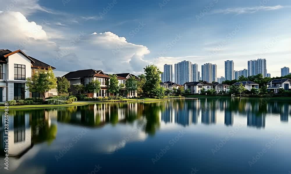 Serene lakeside view of modern homes reflecting in calm waters with city skyline in the background