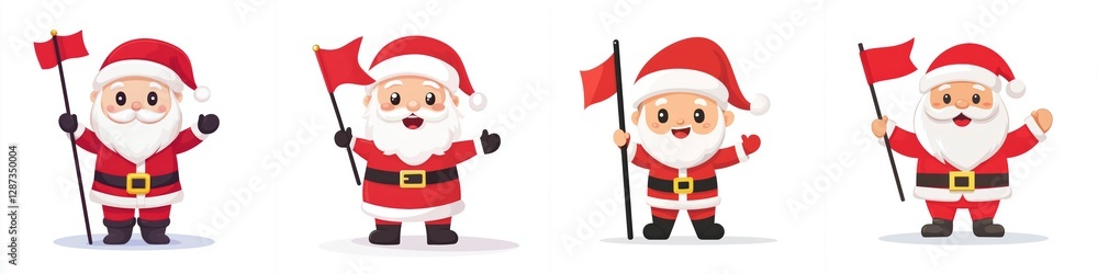 Cheerful Cartoon Santa Claus Figures Holding Red Flags Holiday Themed Vector Graphic Illustration Cheerful Cartoon Santa Claus Figures Holding Red Flags Holiday Themed Vector Graphic Illustration