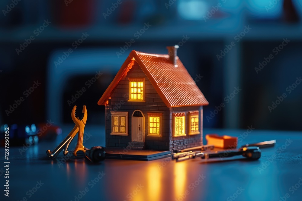Clear Pixel Image of Construction Tools Around Toy House Clear Pixel Image of Construction Tools Around Toy House