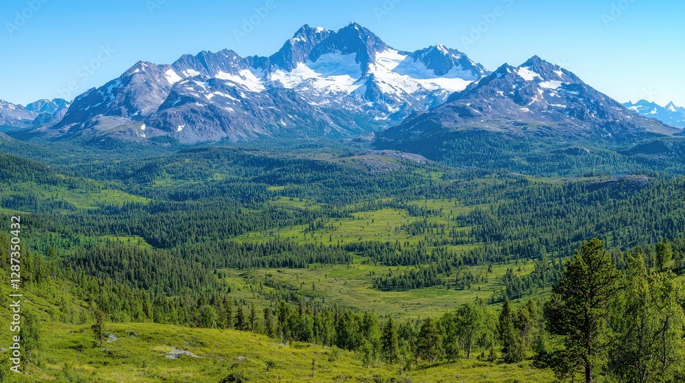 Majestic snow-capped mountains overlooking lush green valley Majestic snow-capped mountains overlooking lush green valley