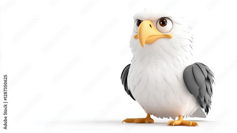Obraz premium Fluffy Cartoon Eagle Illustration, White and Gray Plumage, 3D Render