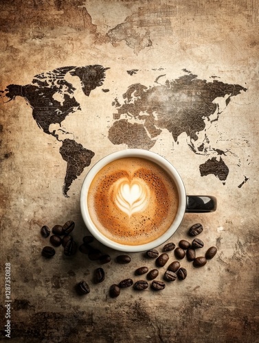 A latte art coffee cup sits atop a world map, surrounded by coffee beans, symbolizing a global love for coffee.