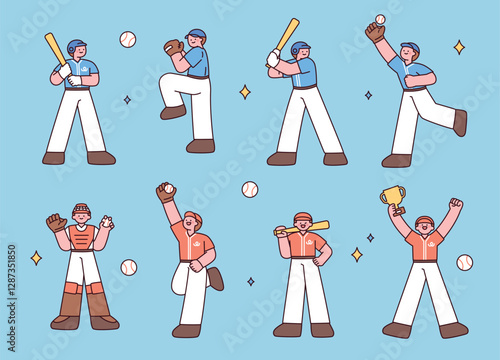 A set of cute baseball player illustrations in a flat cartoon style. Various actions like pitching, batting, catching, and celebrating are depicted. Perfect for sports-themed designs, infographics