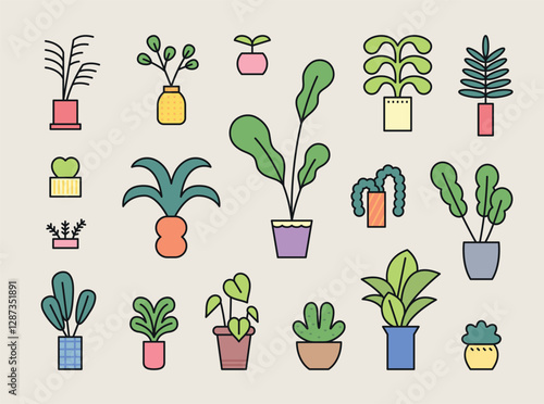 A stylish collection of potted plant illustrations in a minimal and modern flat design. Featuring a variety of houseplants, succulents, and tropical leaves, perfect for home decor, botanical designs,