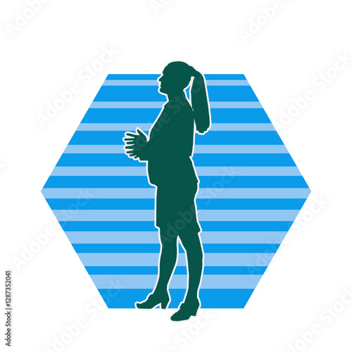 Silhouette of a secretary or female office worker wearing formal business suit.