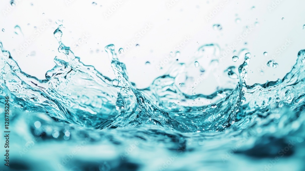 Splashing Water Droplets with Blue Tones in Soft Light Background Splashing Water Droplets with Blue Tones in Soft Light Background