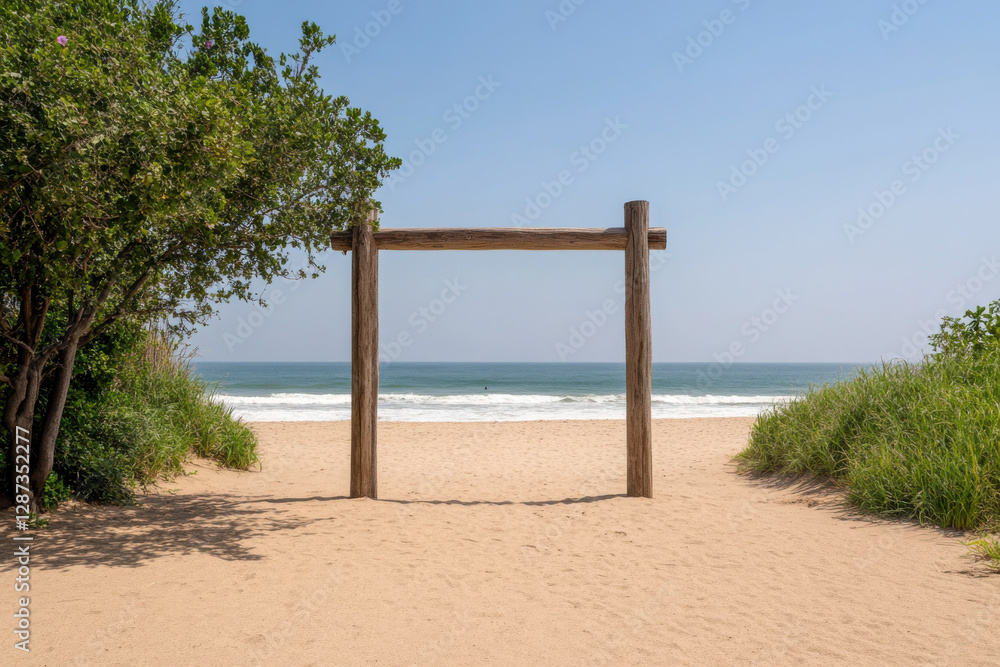 A wooden archway is on a beach with a blue sky above A wooden archway is on a beach with a blue sky above