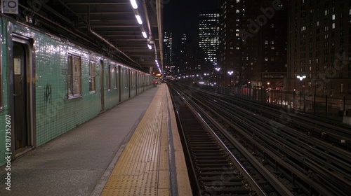 Night subway platform, city backdrop, train tracks, urban transport