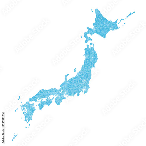ネットワークのイメージの日本地図、日本列島の地図　通信、インフラ、物流イメージ　ブルー　白背景