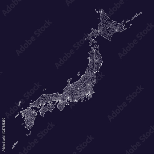 ネットワークのイメージの日本地図、日本列島の地図　通信、インフラ、物流イメージ　ブルー　ダーク背景