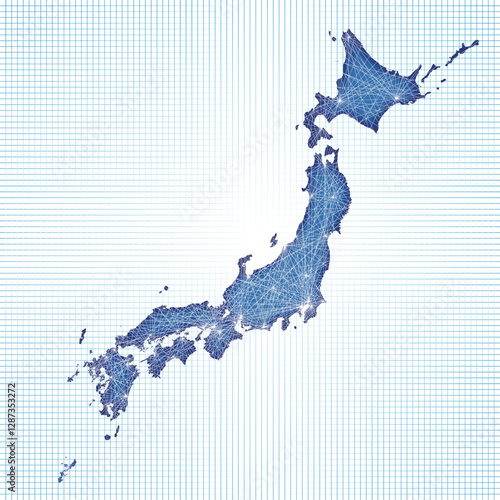 ネットワークのイメージの日本地図、日本列島の地図　通信、インフラ、物流イメージ　ブルー　線画白背景
