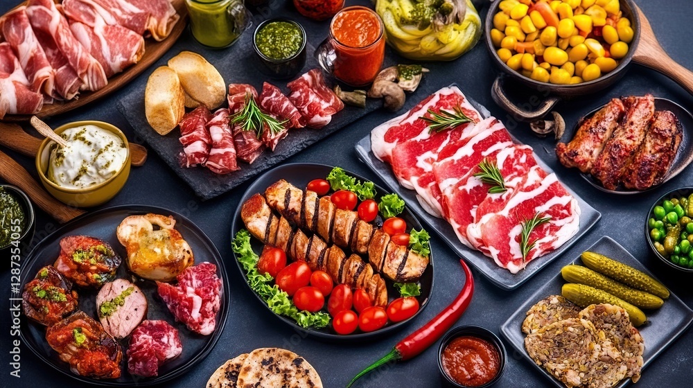 Fototapeta premium Gourmet Meat Platter, Diverse Dishes, Festive Background, Food Photography