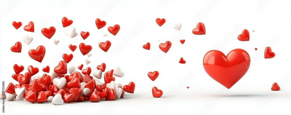 Red and White Hearts Floating on White Background. Red and White Hearts Floating on White Background.