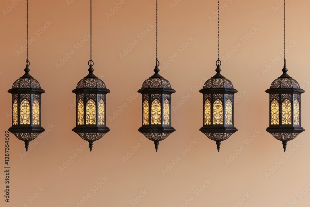 Five decorative hanging lanterns providing a warm and ambient illumination effect Five decorative hanging lanterns providing a warm and ambient illumination effect
