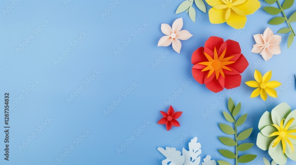 Fototapeta premium Vibrant Visual Feast: Top - View of Colorful Paper - Cut Flowers with Green Leaves on Blue Background