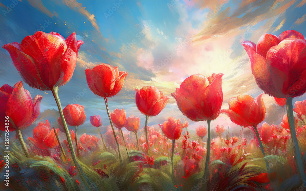 Fototapeta premium Tulip Flowers Field against the sky in painting style image, part 7