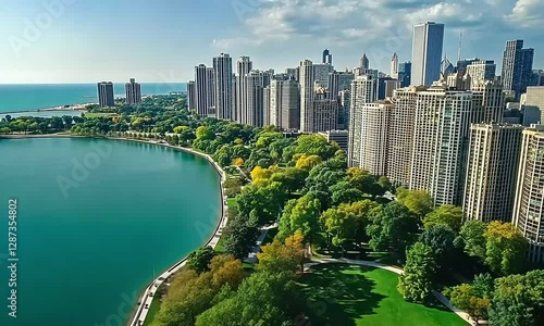 Aerial Majesty: Chicago Skyline Over Lake Michigan – A stunning drone view capturing the city's towering skyscrapers, vibrant cityscape, and serene parklands from above.
