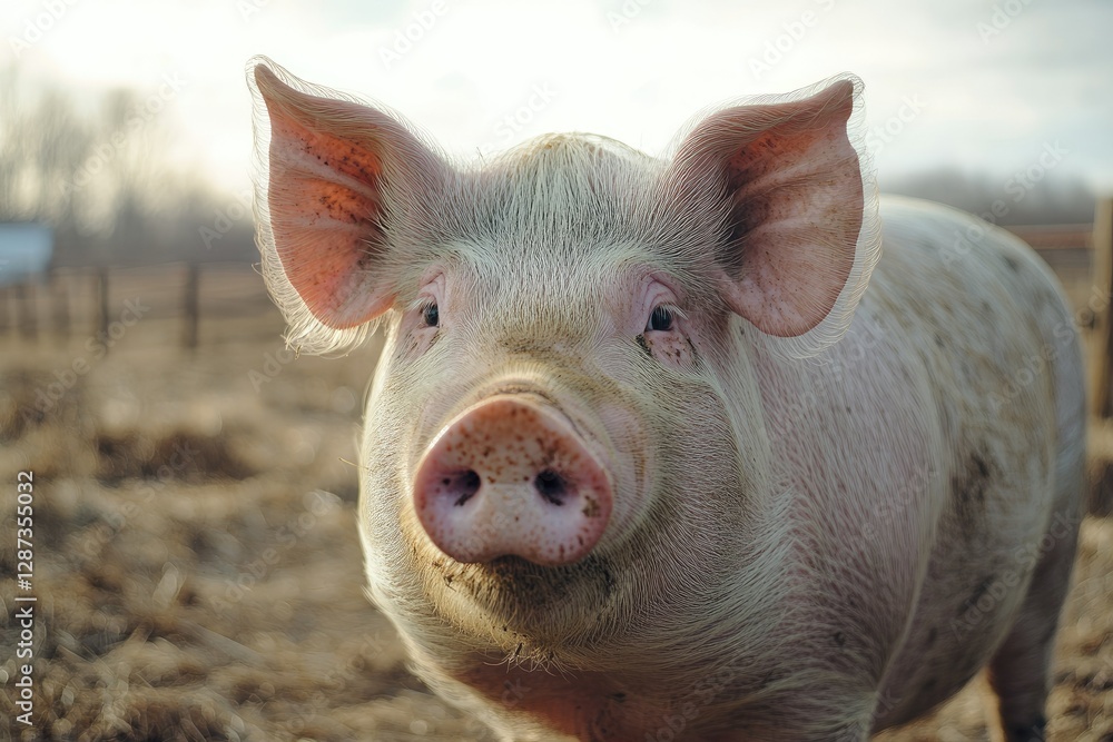 High Detail Picture of Closeup Shot of a Gray Pig in a Farm with Wire Fences on a Cool Day High Detail Picture of Closeup Shot of a Gray Pig in a Farm with Wire Fences on a Cool Day