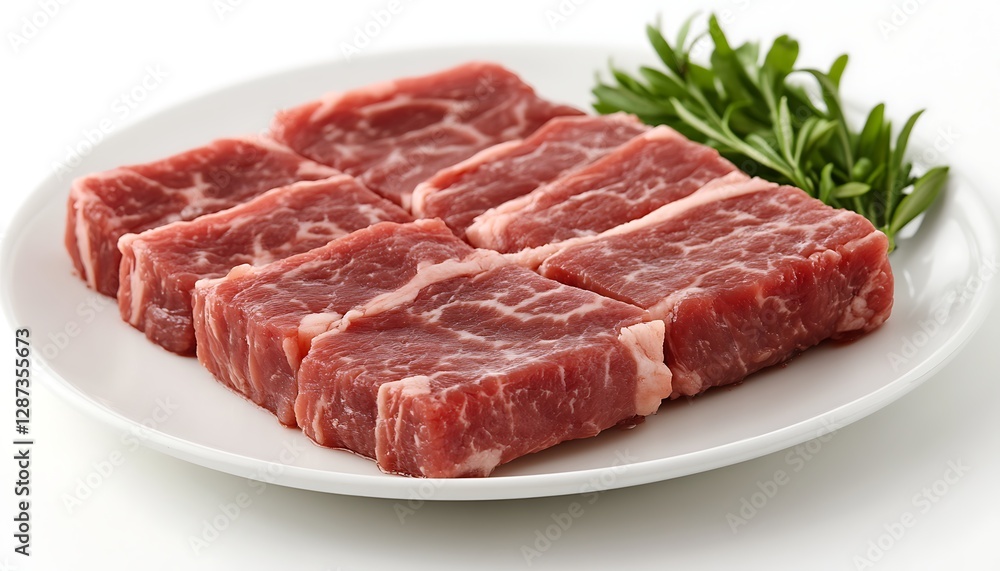 Raw beef steaks plate rosemary white background cooking Raw beef steaks plate rosemary white background cooking