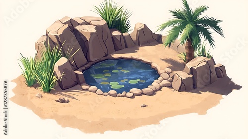 Oasis Scene Depicting Rocks Plants and a Small Pond