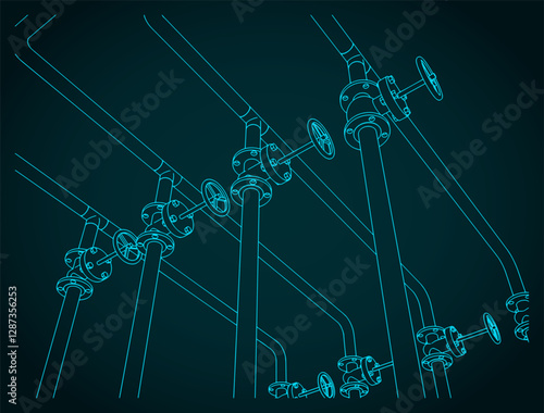 Industrial pipes and valves blueprint