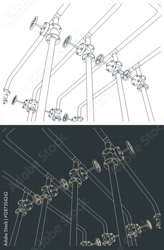 Industrial pipes and valves blueprints