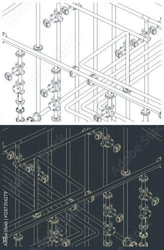 Industrial pipes and valves isometric blueprints