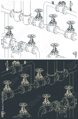 Industrial valves and pipes isometric blueprints