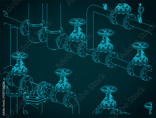 Industrial valves and pipes isometric drawings