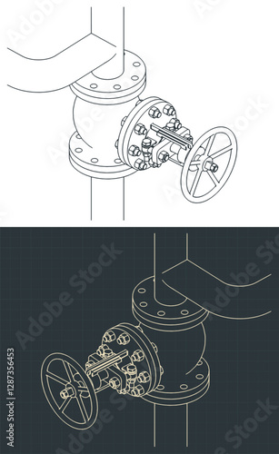 Steam globe valve isometric blueprints