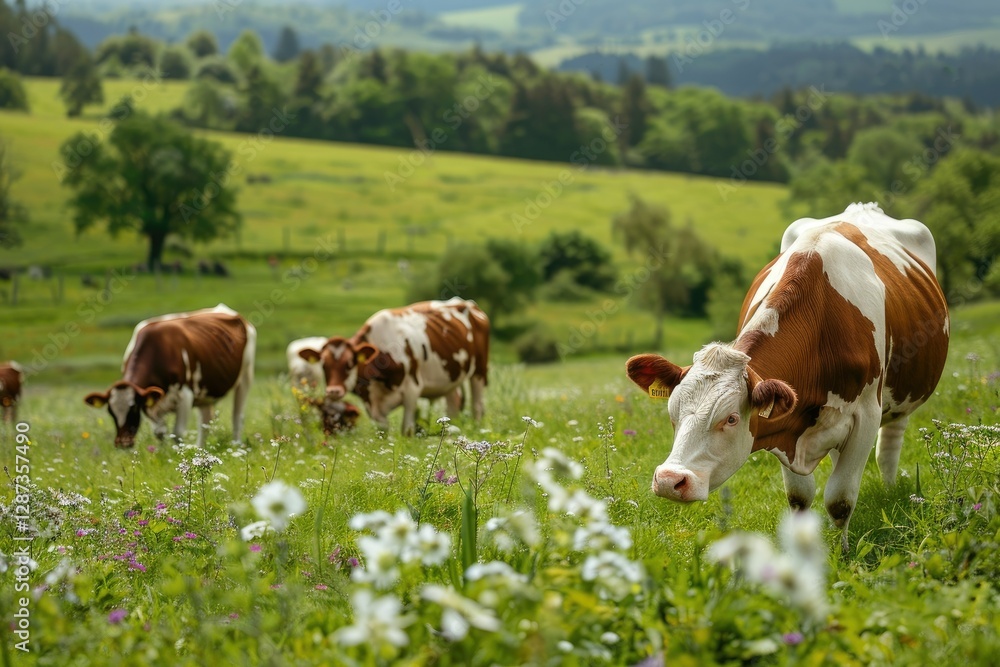 Flawless Image of Cows Grazing in the Field of a Countryside Flawless Image of Cows Grazing in the Field of a Countryside