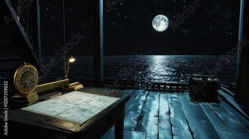 A serene night scene shows a ship's deck with a map and instruments under moonlight. A compass and lamp sit atop a desk, highlighting navigation under the starry sky.