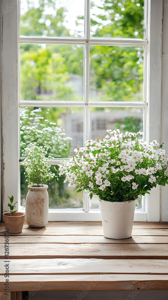 Serene Window View with White Flowers in Pots on Wooden Sill and Greenery Outside Serene Window View with White Flowers in Pots on Wooden Sill and Greenery Outside