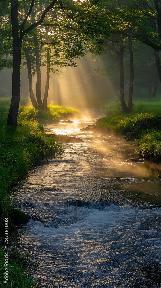 Naklejka premium Sunrise Stream Woods