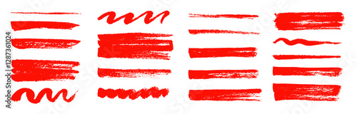 Brush texture red stroke underline highlight. Marker red pen highlight stroke. Vector hand drawn brush underline element set for accent, crayon texture emphasis effect. Chalk vector illustration