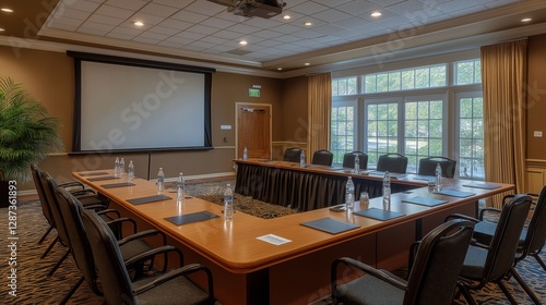 Modern conference room with empty seats and a projector screen, ready for a business meeting, against a spacious office background