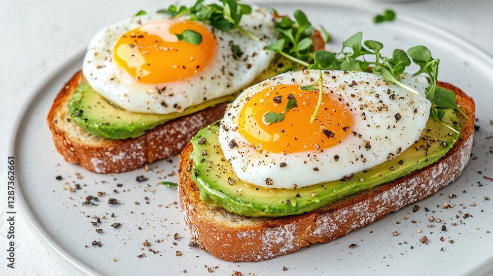 A delicious plate of avocado toast topped with perfectly cooked sunny-side-up eggs, garnished with herbs and spices. A delicious plate of avocado toast topped with perfectly cooked sunny-side-up eggs, garnished with herbs and spices.