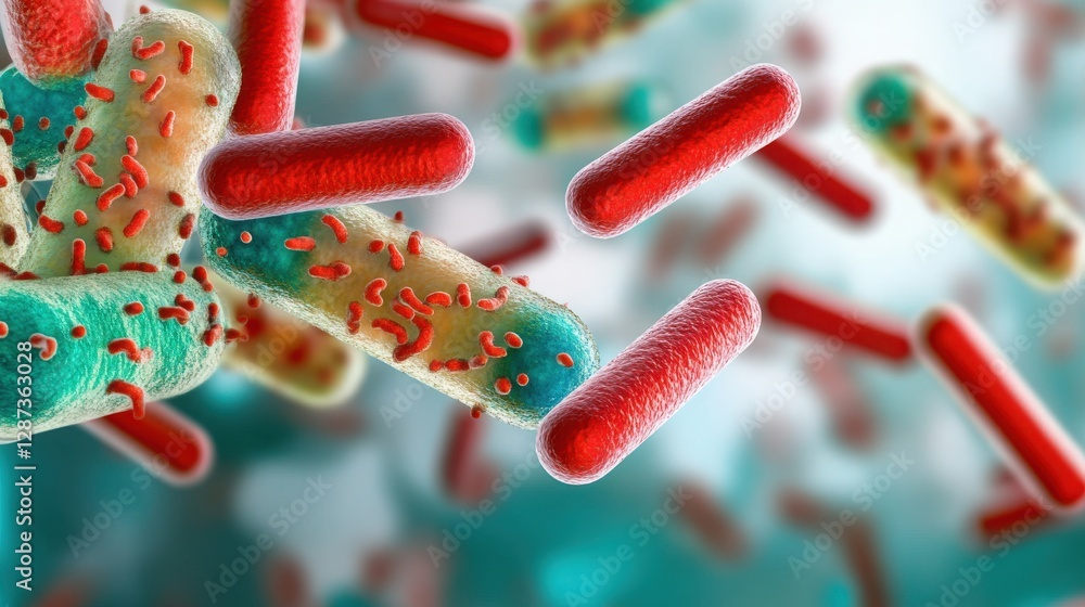 Close-up view of colorful bacteria with a variety of shapes, showcasing intricate detail and vivid colors against a soft background Close-up view of colorful bacteria with a variety of shapes, showcasing intricate detail and vivid colors against a soft background