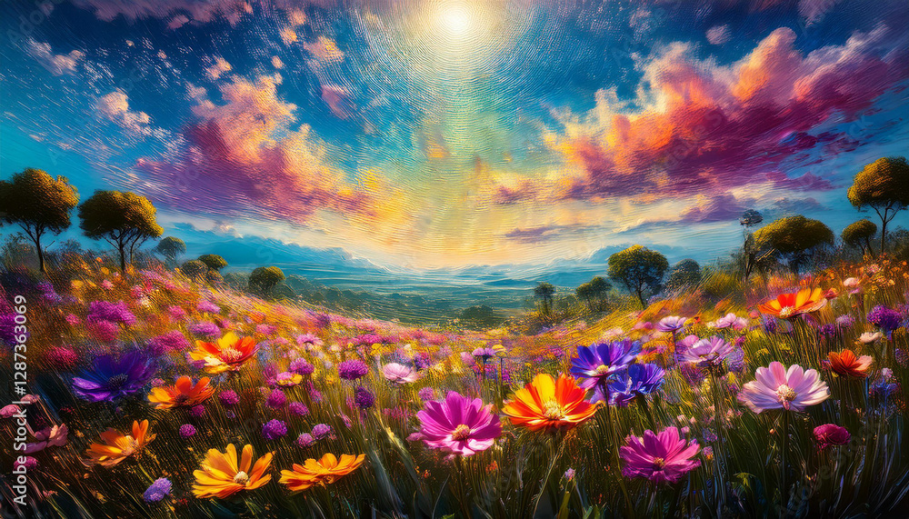 Fototapeta premium Flowers Field against the sky in painting style image, part 12