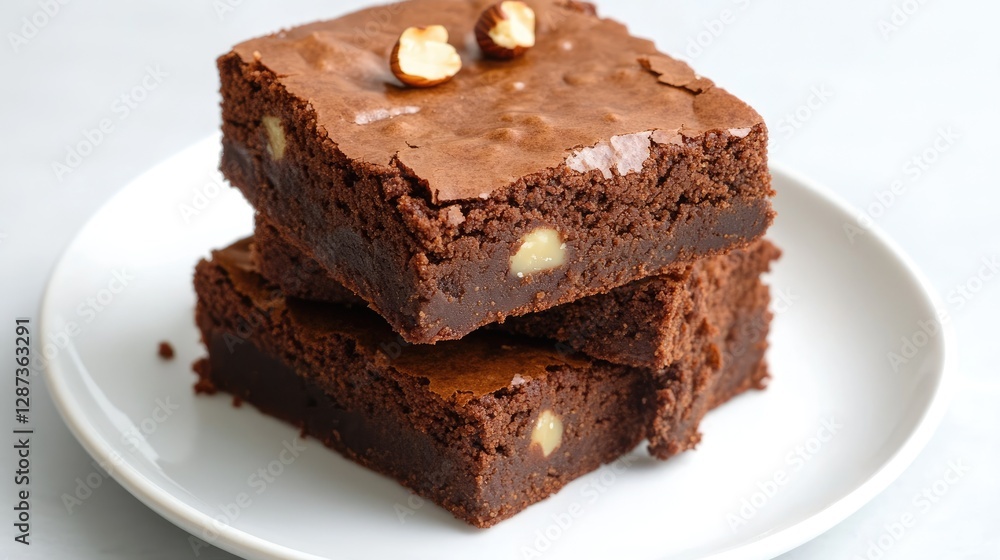 Delicious brownies stacked on a plate, topped with nuts and rich chocolate flavor. Delicious brownies stacked on a plate, topped with nuts and rich chocolate flavor.