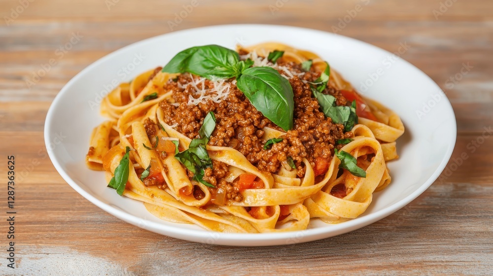 A delicious plate of fettuccine pasta topped with savory meat sauce, garnished with fresh basil and cheese, served on a rustic wooden table. A delicious plate of fettuccine pasta topped with savory meat sauce, garnished with fresh basil and cheese, served on a rustic wooden table.