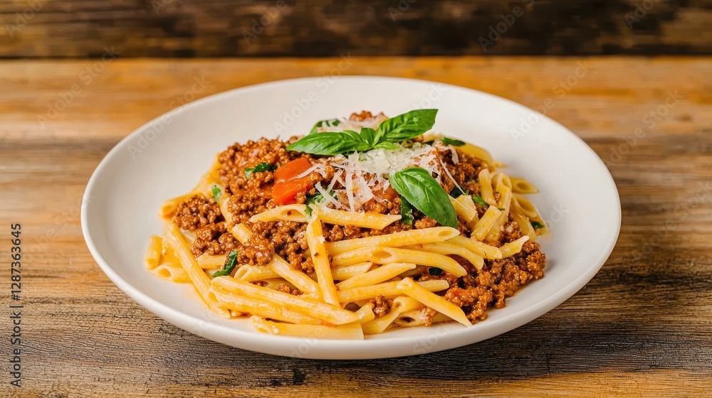 A delicious plate of pasta garnished with basil, topped with a rich meat sauce and sprinkled with cheese, served on a rustic wooden table. A delicious plate of pasta garnished with basil, topped with a rich meat sauce and sprinkled with cheese, served on a rustic wooden table.