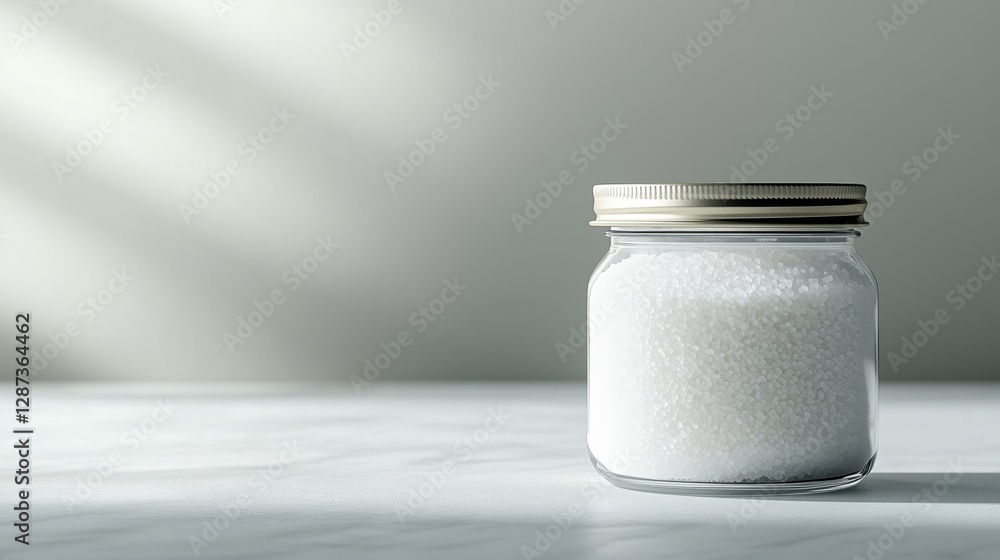 White jar on a marble surface, clean and minimalist, with soft natural light White jar on a marble surface, clean and minimalist, with soft natural light