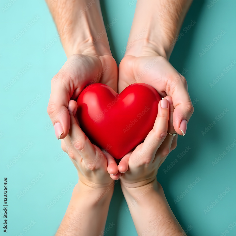 Obraz premium Hands gently holding a red heart against a plain blue background, symbolizing love, care, and compassion
