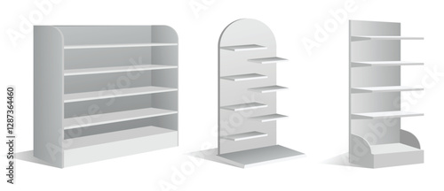 Set of Realistic Retail Store Display Shelving Units isolated on white  