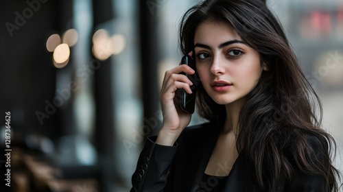 A dark-haired woman in a black top and pantsuit was talking on her cell phone...