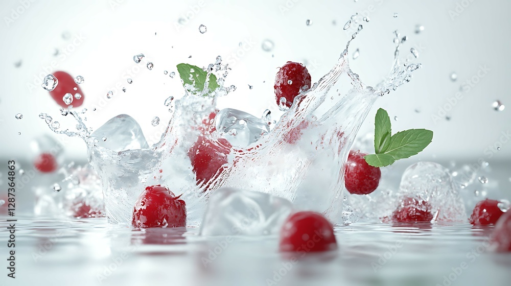 Raspberry with ice cubes and mint leaves in water splash on white background Raspberry with ice cubes and mint leaves in water splash on white background